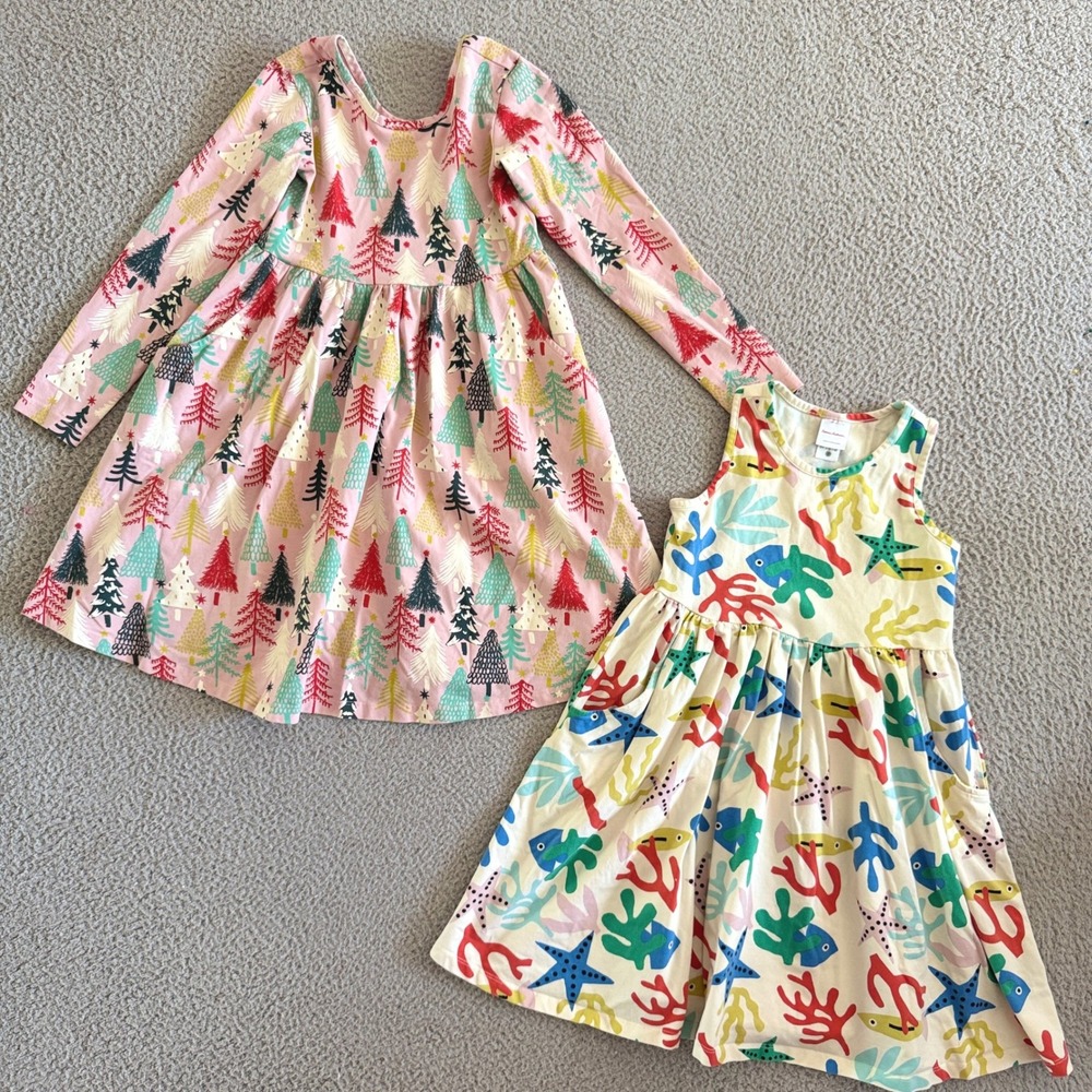 Hanna Andersson Girls Dress sz 8 Lot 2 Christmas Tree Pink Ocean Coral